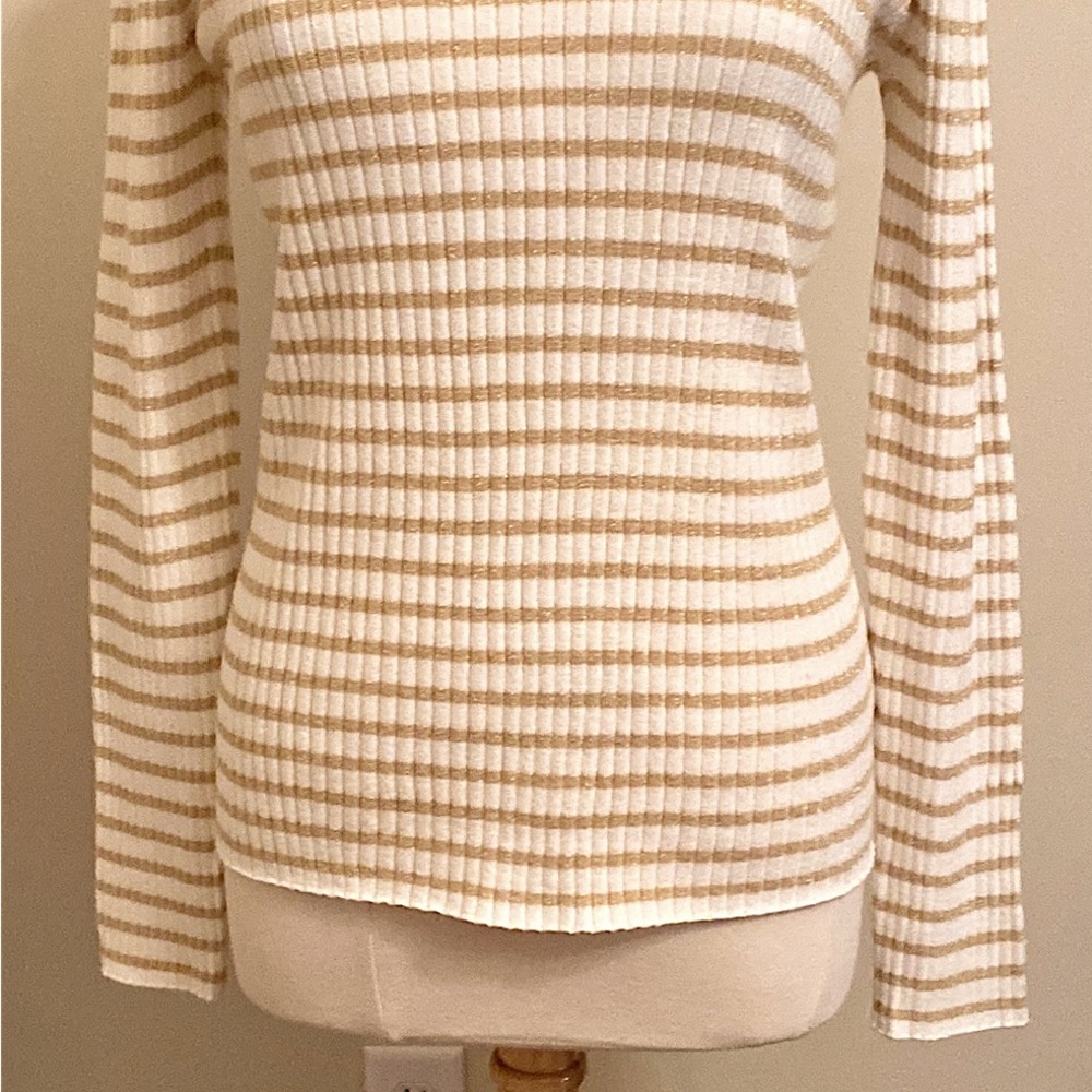 Nine West Cream Gold Metallic Striped L Coastal Nautical Preppy Casual Sweater - Picture 3 of 11